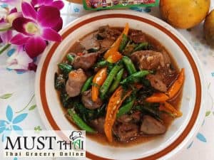 Hot basil stir fried with chicken liver by Thai home cooking