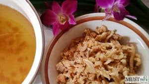 Leaf lard - pork crackling with pandan leaves.