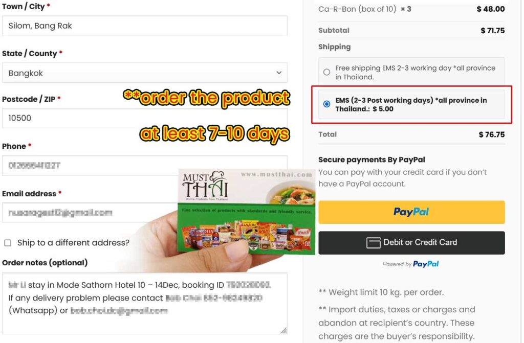 Delivery in Bangkok to hotel by Grab